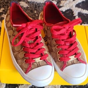 Coach Women's Brown Signature Canvas Sneaker with Red Accents
